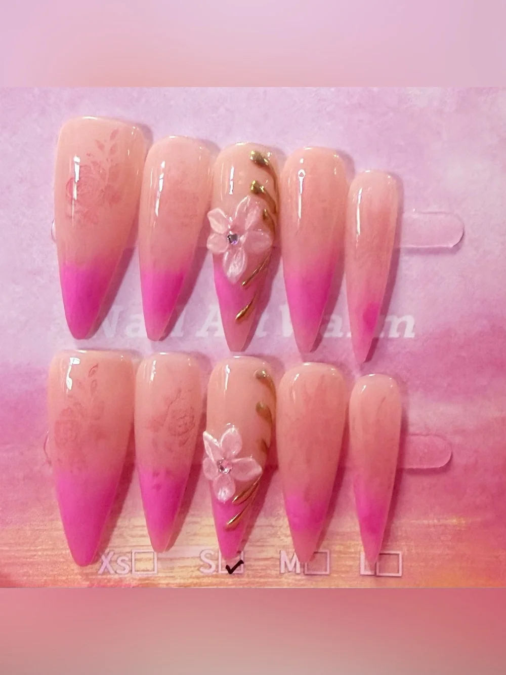 Pink Ombre Stiletto Press-On Nails with Floral Accent - Women Makeup